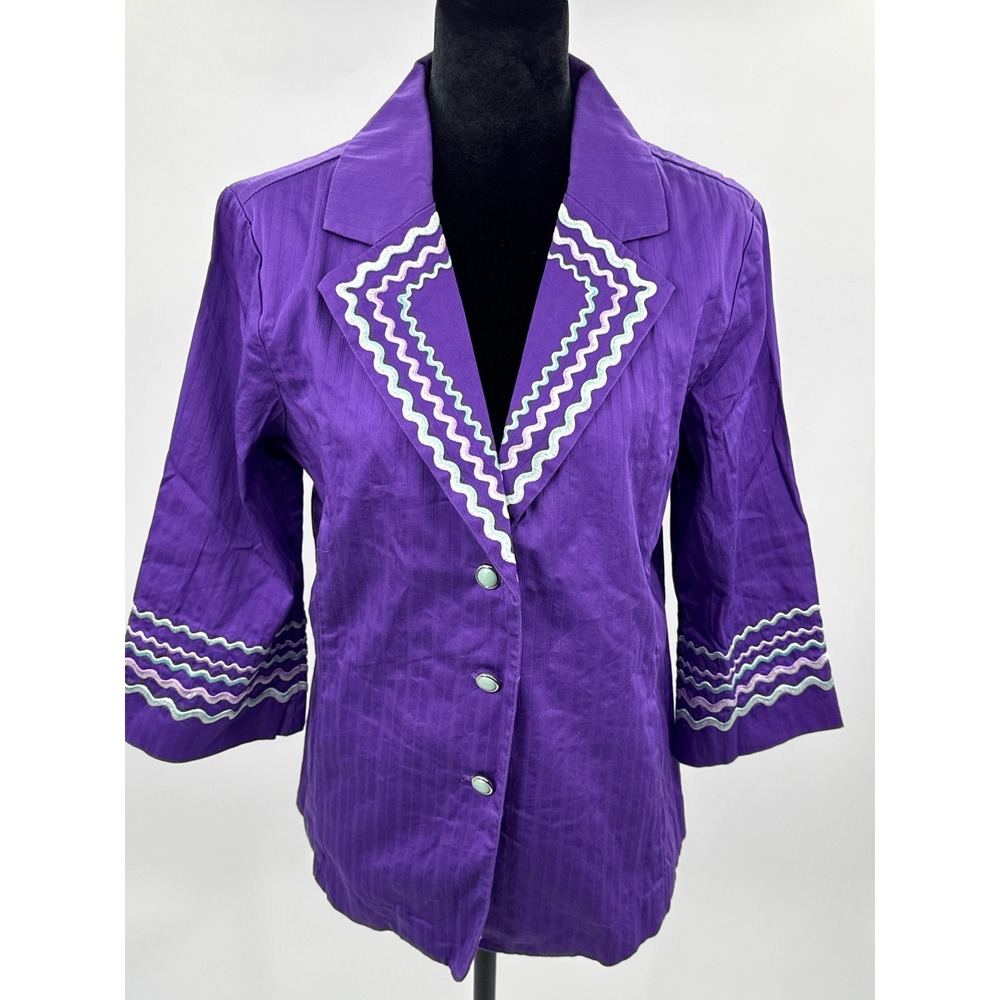 Bob Mackie Wearable Art Purple Embroidered Blazer Jacket Womens Small 3/4 Sleeve